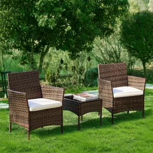 JHK 3-Piece Outdoor Patio Set – Wicker Chairs & Glass Table